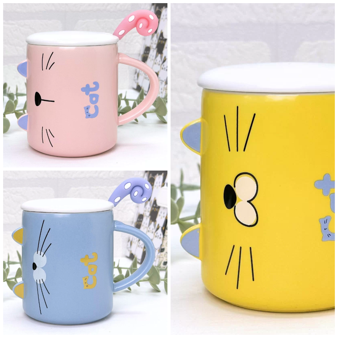 Cana din ceramica cu capac si lingurita, pisica cu urechi, 220 ml.png