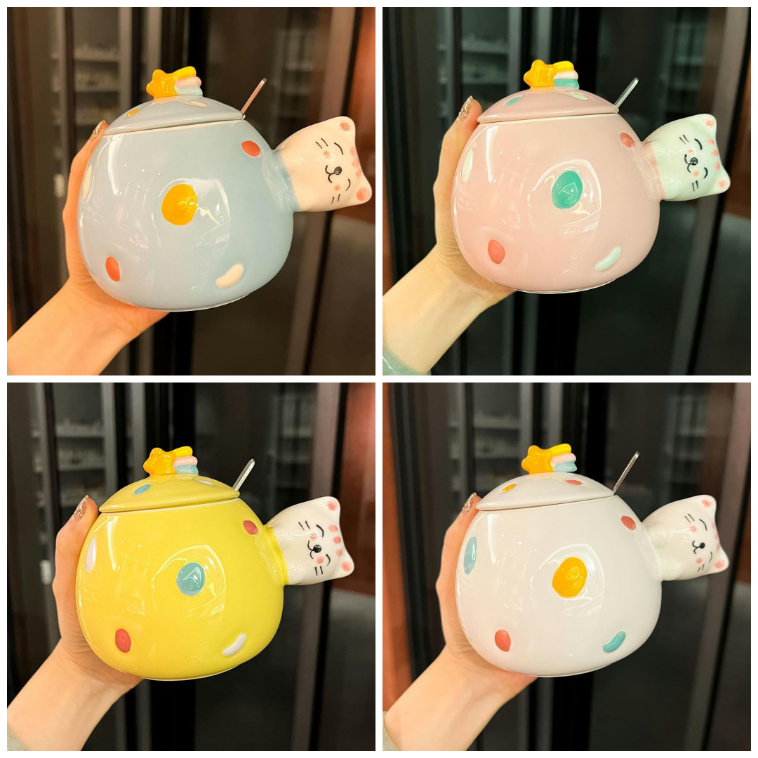 Cana din ceramica cu capac si lingurita, pisica cute, 400 ml.png