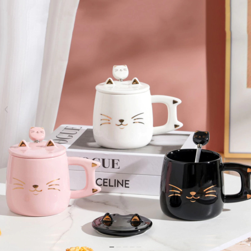 Cana din ceramica cu capac si lingurita, pisicuta cute, 380 ml