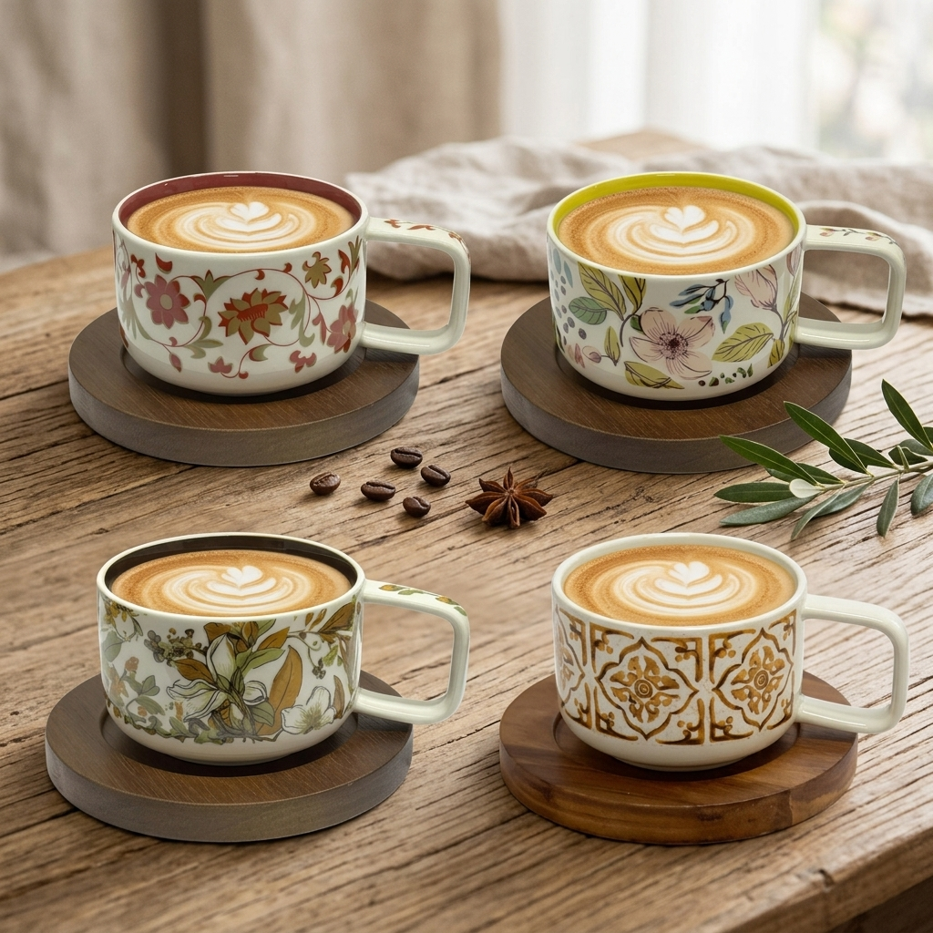 Set ceasca portelan si suport lemn, modern style, 250 ml